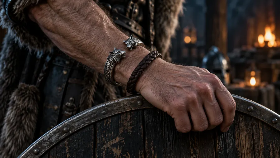 Bracelet viking à têtes de loup porté au poignet