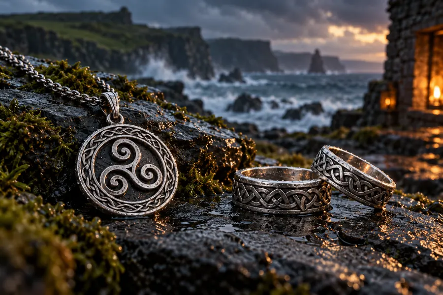 Pendentif triskel et bagues celtiques sur une pierre
