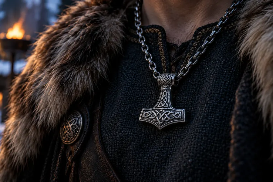 Pendentif marteau de Thor porté sur une tunique