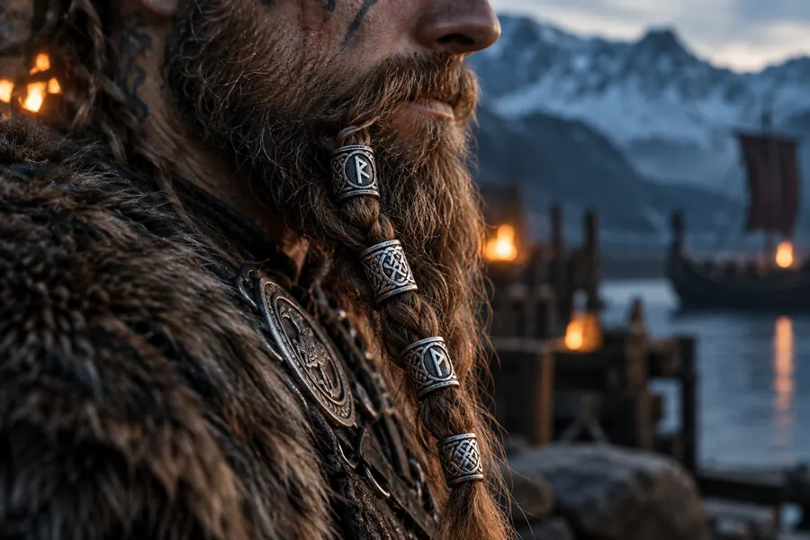 Barbe tressée ornée de perles vikings gravées