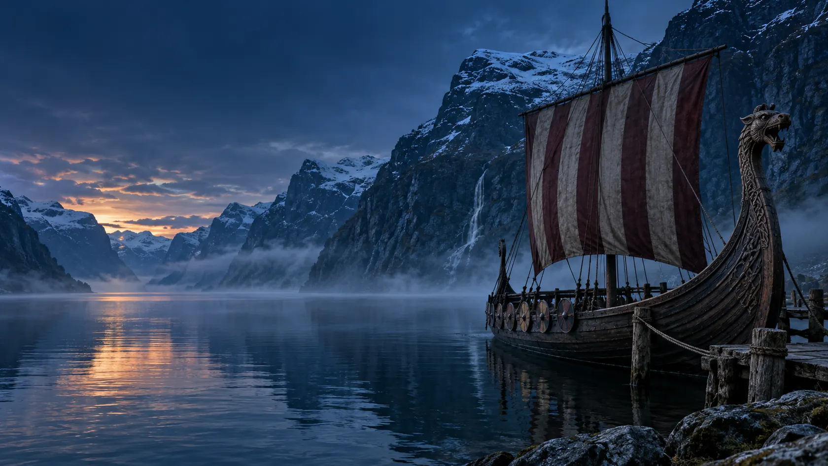 Drakkar amarré dans un fjord norvégien au crépuscule