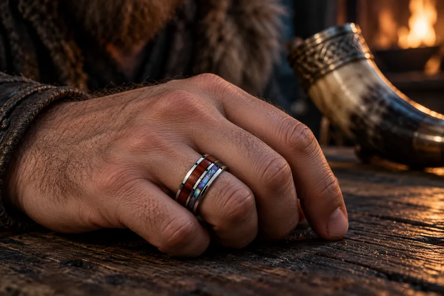 Bague viking argentée à bande effet bois et reflets irisés porté