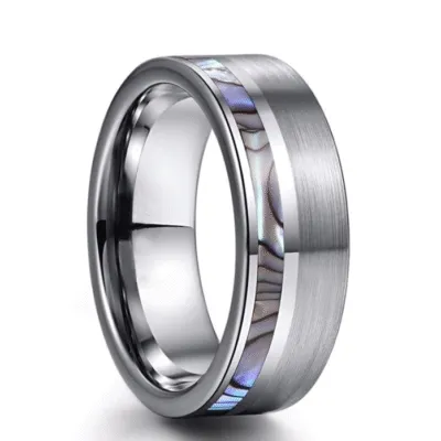 Bague large en acier brossé avec bande nacrée bleu violet