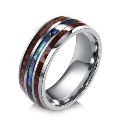 Bague en acier argenté avec deux bandes de bois et une bande irisée bleu-vert