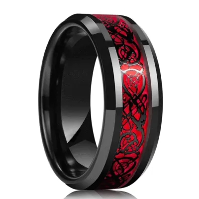 Bague noire biseautée avec bande rouge et motif de dragon noir entrelacé