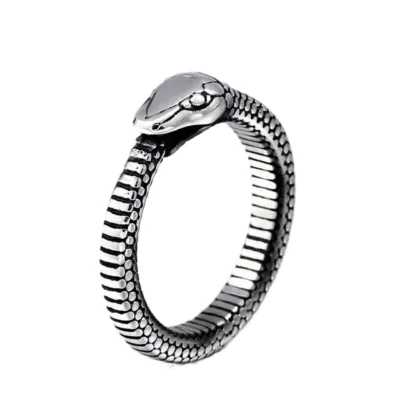 Bague en acier argenté en forme de serpent qui se mord la queue
