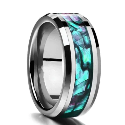 Bague en acier argenté avec bande centrale irisée vert, turquoise et violet
