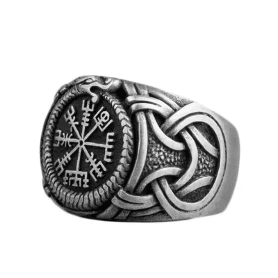 Bague large argentée avec boussole Vegvisir, serpent et entrelacs sur le côté
