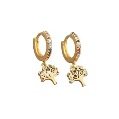Paire de petites créoles dorées avec pendentif arbre de vie et pierres colorées
