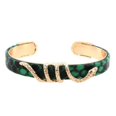 Bracelet jonc ouvert vert à écailles avec serpent doré enroulé