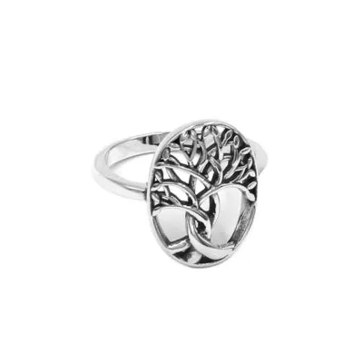 Bague argentée à plateau ovale ajouré en forme d'arbre de vie