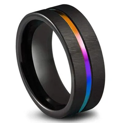 Bague noire brossée à rainure arc-en-ciel