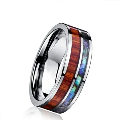 Bague viking argentée à bande effet bois et reflets irisés