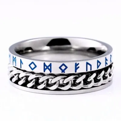 Bague en acier argenté avec runes bleues gravées et chaîne à maillons