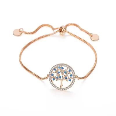 Bracelet chaîne dorée avec médaillon rond arbre de vie et pierres bleues