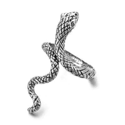 Bague argentée en forme de serpent enroulé aux écailles gravées, tête dressée