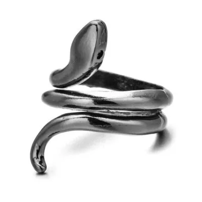 Bague noire brillante en forme de serpent enroulé, tête sur le dessus