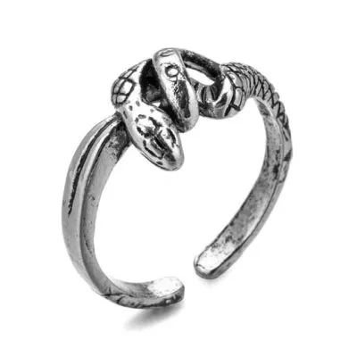 Bague ouverte argentée vieillie avec un serpent enroulé à la queue écaillée