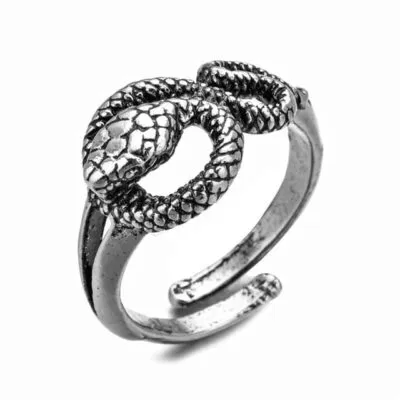 Bague serpent argentée vieillie, corps enroulé en boucle et écailles en relief
