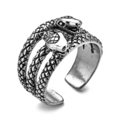 Bague argentée ouverte à deux serpents enroulés en trois bandes, écailles gravées