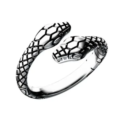 Bague en forme de serpent à deux têtes face à face, écailles noires