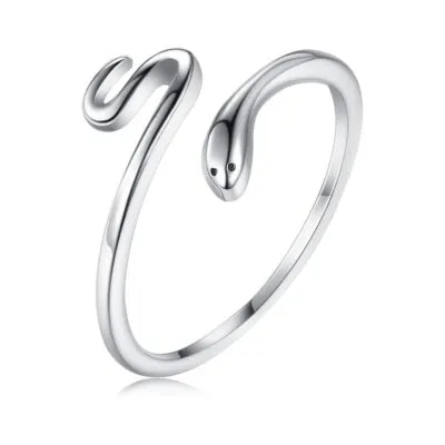 Bague ouverte argentée en forme de serpent, tête aux yeux noirs