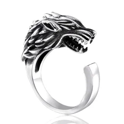 Bague argentée à tête de loup gravée, gueule ouverte, anneau ouvert