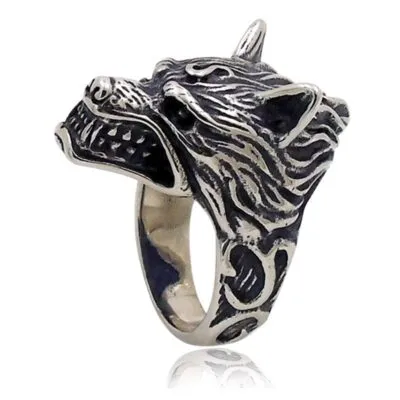 Bague viking en forme de tête de loup, gueule ouverte, finition argentée patinée