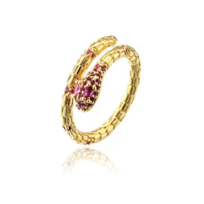 Bague serpent dorée enroulée avec tête ornée de pierres rouges