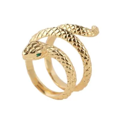 Bague dorée en forme de serpent enroulé, écailles en relief et œil vert