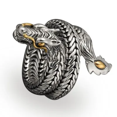 Bague en forme de serpent enroulé argenté, yeux et moustaches dorés