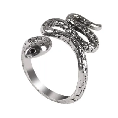 Bague serpent argentée ouverte aux écailles en relief et à l'œil noir