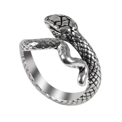 Bague serpent argentée vieillie enroulée, écailles gravées et tête détaillée