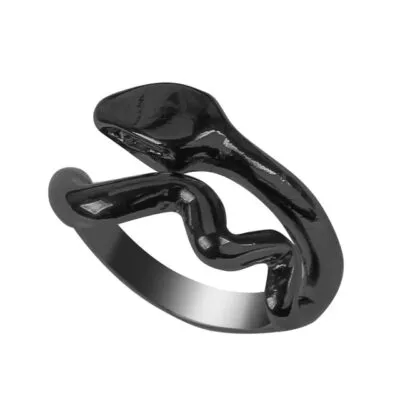 Bague serpent noire brillante ouverte, tête plate et corps ondulé