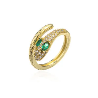 Bague serpent dorée ouverte avec deux yeux verts et pierres claires