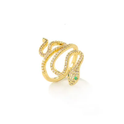 Bague dorée en forme de serpent enroulé, sertie de pierres, yeux verts