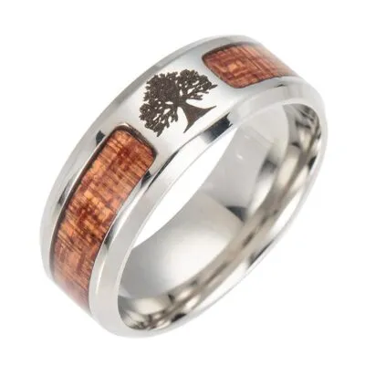Bague argentée large avec arbre de vie noir gravé et deux bandes effet bois