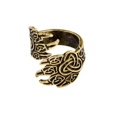 Bague dorée vieillie en forme de patte d'ours avec griffes et nœuds gravés