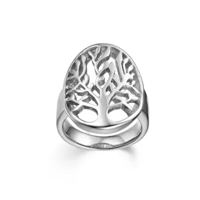 Bague argentée à plateau ovale ajouré orné d'un arbre de vie