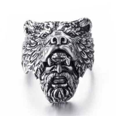Bague viking argentée en forme de tête d'ours avec visage d'homme barbu