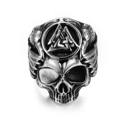 Bague viking tête de mort argentée avec Valknut gravé sur le front