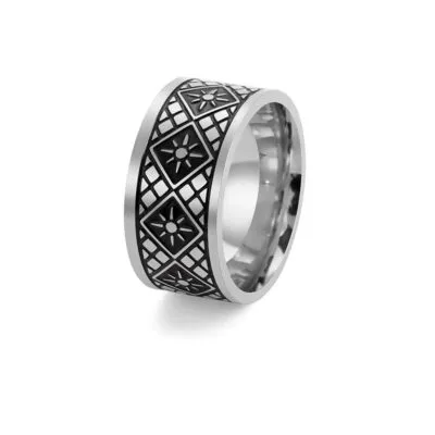 Bague large en acier argenté avec losanges noirs ornés de soleils