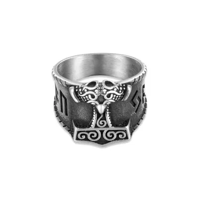 Bague viking large argentée avec marteau de Thor en relief et runes noires
