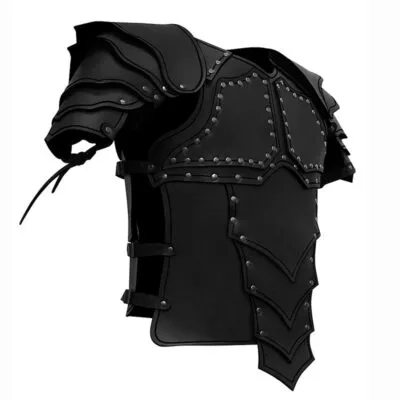 Armure viking en cuir PU noir avec plastron riveté et épaulières à lamelles
