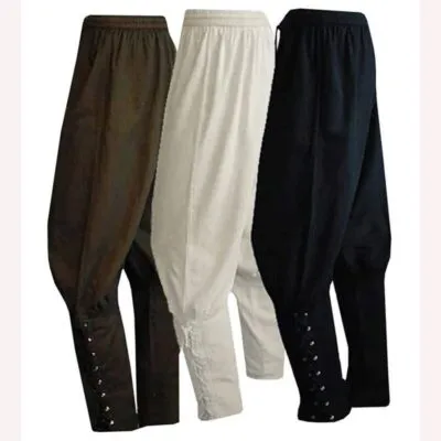 Trois pantalons vikings pour homme en marron, blanc et noir, chevilles lacées