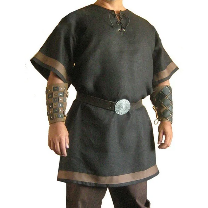 Tunique viking noire à manches courtes, col lacé et bordures marron