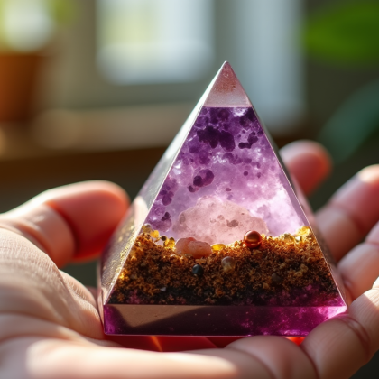 Pyramide orgonite tenue en main, avec améthyste et quartz rose visibles